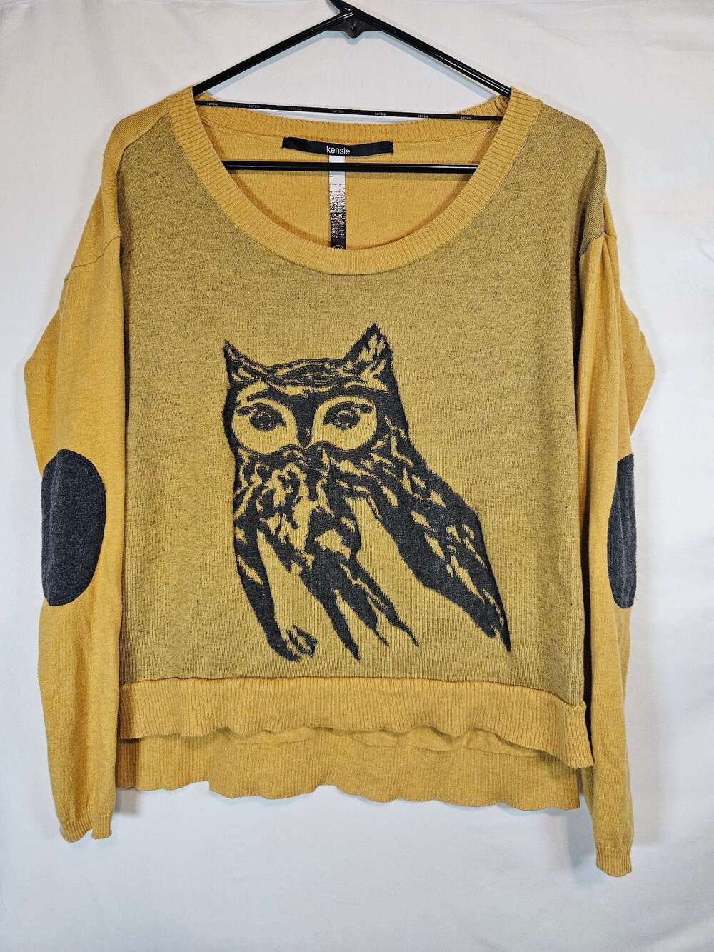 kensie Mustard Yellow Owl Graphic Sweater with Elbow Patches Size M
